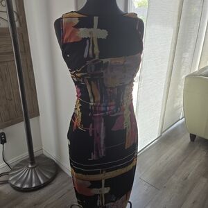 Kay Unger Black Sheath Dress with Multicolor Abstract Print